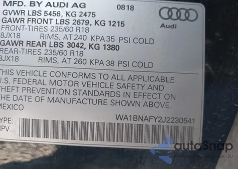 2018 Audi Q5 2.0T Premium/2.0T Tech Premium from USA, damaged, VIN WA1BNAFY2J2230541